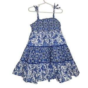 Haute Hippie Girl Tiered Ruffle Sundress Smocked Blue Floral Boho Summer 5
